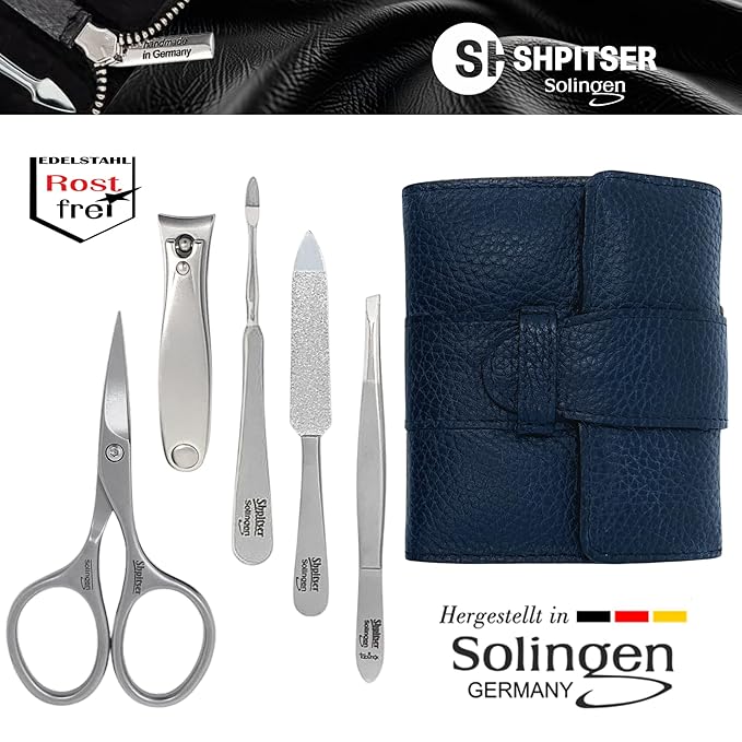 Shpitser Nail Kit, Manicure and Pedicure Women Set of 5 tools: Scissors, Clipper, Tweezers, Nail Cleaner, Nail File, Made in Solingen, Germany, Sturdy Stainless Steel, In Italian Leather Case
