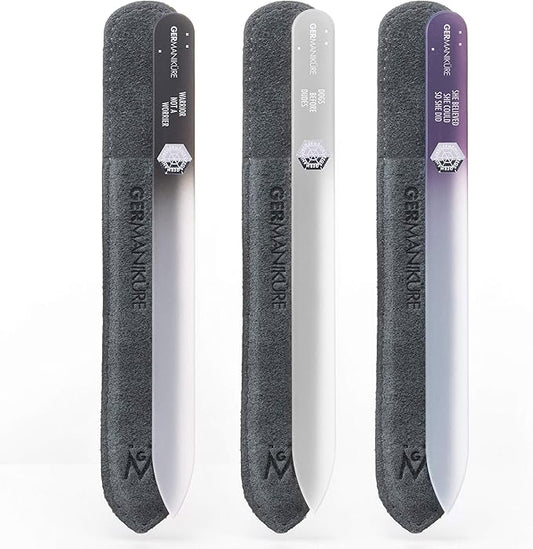 GERMANIKURE Czech Crystal Glass Nail File 3 Pack in Suede Sleeves - Professional Manicure & Pedicure Products for Smooth Easy Shaping of Natural Nails - Ideal Nail Care Gift