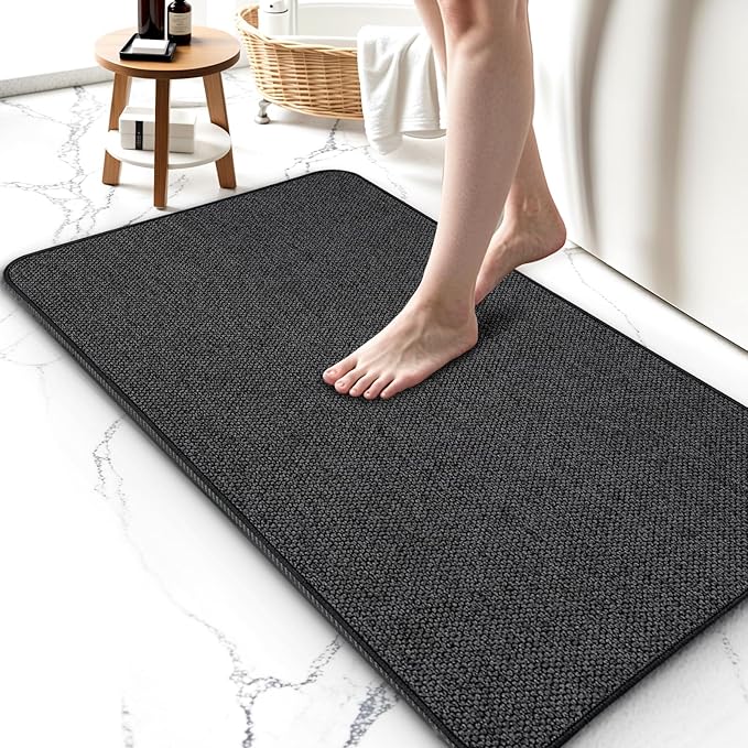 2 Pack Bathroom Rugs 17x27Inch, Thin Bath Mat with Rubber Backing Non-Slip, Absorbent,Quick Dry Machine Washable, Home Decor Accessories Cozy Cloth Bathroom Mat fit Under Door/Sink/Tub/Shower-Black