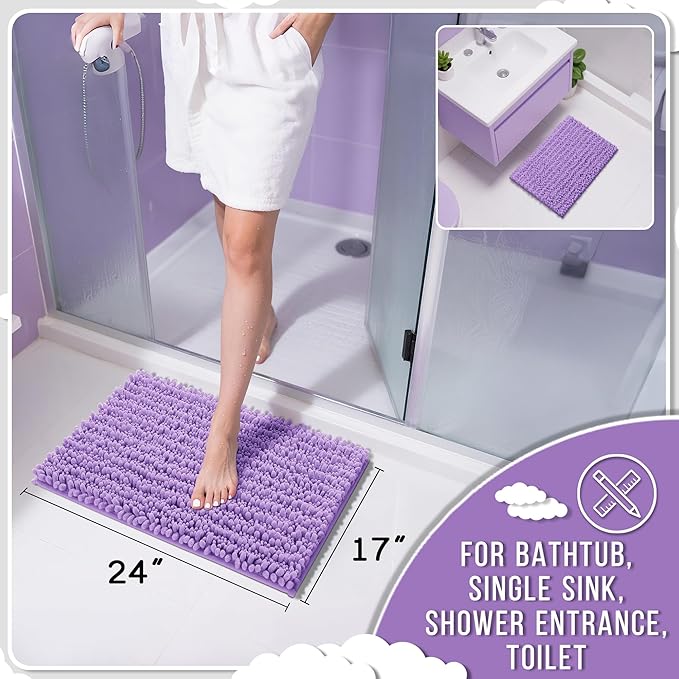 Yimobra Bathroom Rugs Non Slip Washable - Ultra Soft Absorbent Chenille Bath Mat, Quick Dry Shaggy Floor Carpet for Tub Shower, Lavender Home Decor Accessories, 24x17 Inch