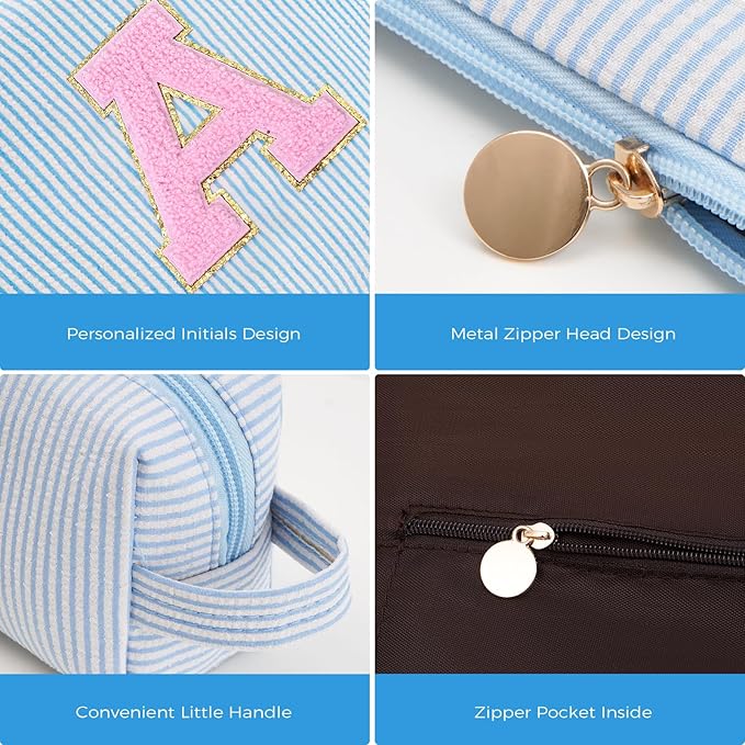 Makeup Bag Set Initials Cosmetic Bag,Gifts for 10 11 12 13 14 15 16 17 18 Years Old Girl Girlfriend Teen Girls Gift Trendy Stuff Personalized Toiletry Bag Travel - Blue,A