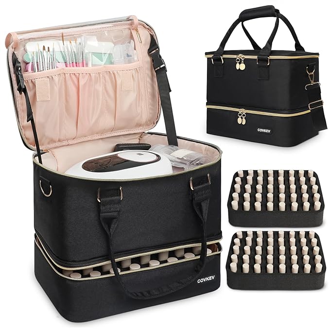 Nail Polish Organizer Hold 80 Bottles (15ml/0.5 fl.oz)& Nail Lamp, Double Layer Nail Bag Organizer Case with Handle, Large Nail Supplies& Kit Storage Case for Women Travel (Black& Golden)