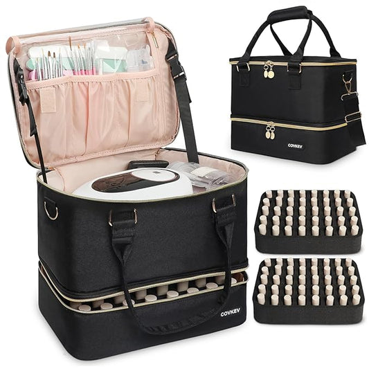 Nail Polish Organizer Hold 80 Bottles (15ml/0.5 fl.oz)& Nail Lamp, Double Layer Nail Bag Organizer Case with Handle, Large Nail Supplies& Kit Storage Case for Women Travel (Black& Golden)