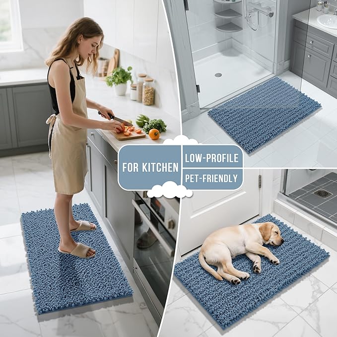 Yimobra Large Bathroom Rugs Non Slip Washable 36x24 Inch - Ultra Soft Absorbent Chenille Bath Mat, Quick Dry Shaggy Floor Carpet for Tub Shower, Denim Blue Home Decor Accessories