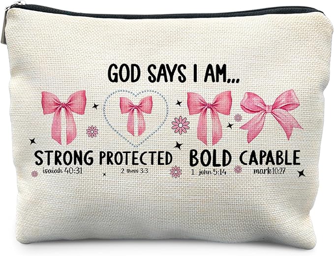 God Says I am Christian Makeup Bag for Women, Gifts for Christian Women, Religious Coquette Pink Bow Cosmetic Bag for Purse, Inspirational Bible Verse Makeup Zipper Pouch