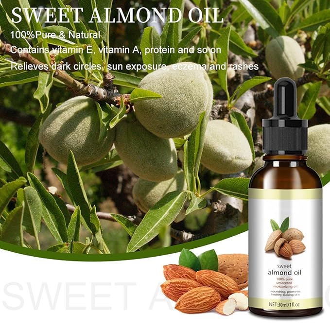Sweet Almond Oil, Organic Sweet Almond Oil for Face, Skin, Body, Hair, Massage, Nails, Moisturizing and Softening Skin, Anti-Aging, Reduce Fine Lines, 100% Cold Pressed Sweet Almond Oil