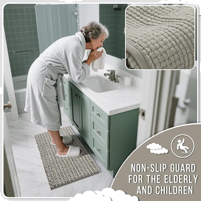 Yimobra Long Bathroom Rugs Non Slip Washable 44x24 Inch - Ultra Soft Absorbent Chenille Bath Mat, Quick Dry Shaggy Floor Carpet for Tub Shower, Sand Home Decor Accessories