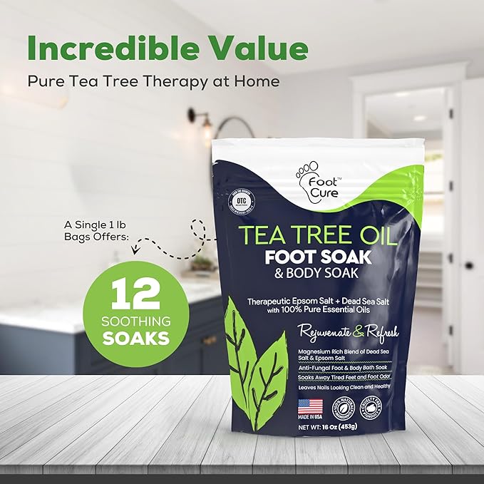 Tea Tree Oil Foot Soak with Epsom Salt - For Toenail Repair, Athletes Foot, Softens Calluses, Soothes Sore & Tired Feet, Nail Discoloration, odor Scent, Spa Pedicure Care - Made in USA 16 oz
