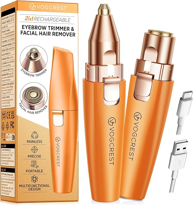 VG VOGCREST Eyebrow Facial Trimmer: 2 in1 Rechargeable Facial Hair Removal and Eyebrow Shaver - Face Lips Body Painless Facial Razor with Built-in LED Light (Orange)
