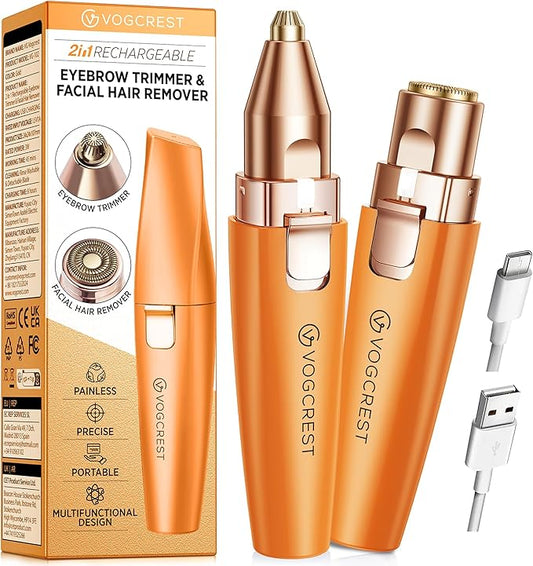 VG VOGCREST Eyebrow Facial Trimmer: 2 in1 Rechargeable Facial Hair Removal and Eyebrow Shaver - Face Lips Body Painless Facial Razor with Built-in LED Light (Orange)