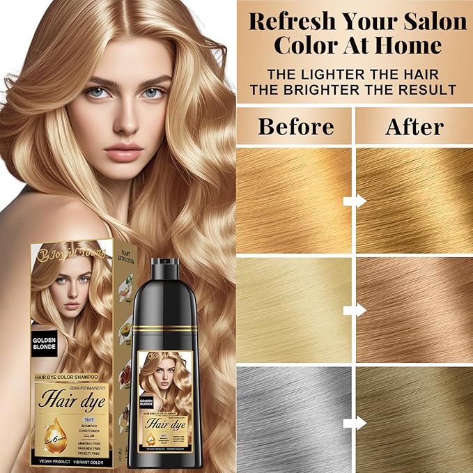 Natural Hair Dye Shampoo 3 IN 1, Hair Color for Gray Hair Coverage, Hair Coloring Shampoo for Women, Color Shampoo Beard Dye for Men, Vegan Ammonia Free Hair Shampoo (GOLDEN BLONDE)