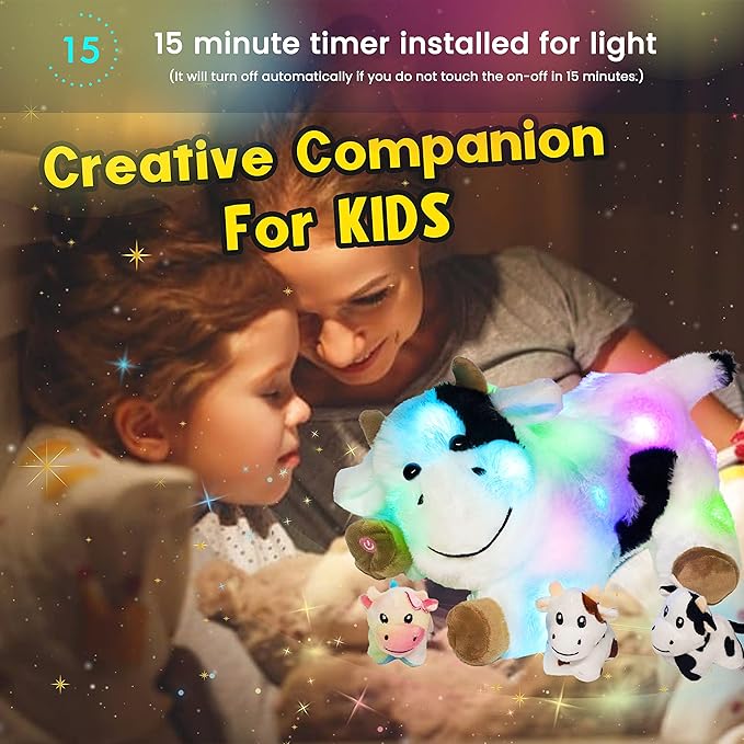 Hopearl LED Plush Cow Lighting Up Stuffed Mommy With 3 Baby Dairy Cows in Her Tummy - Floppy Animal Playset Night Lights Glow in The Dark for Mom Toddlers, 15''