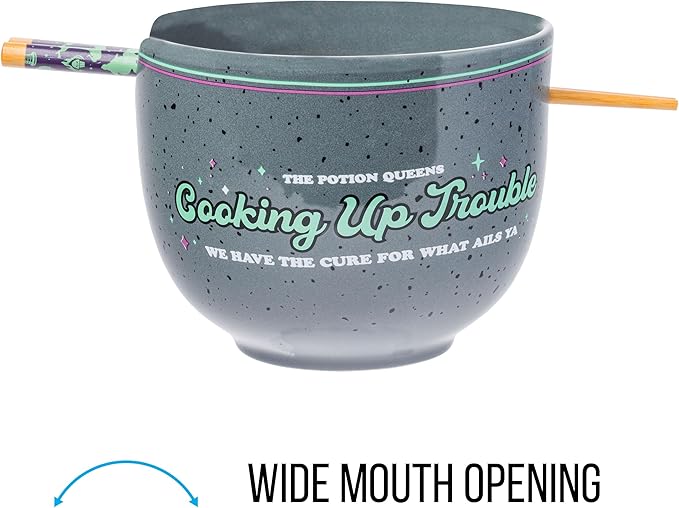 Silver Buffalo Disney Villains Featuring Ursula, Evil Queen, and Yzma Cooking Up Trouble Ceramic Ramen Noodle Rice Bowl with Chopsticks, Microwave Safe, 20 Ounces