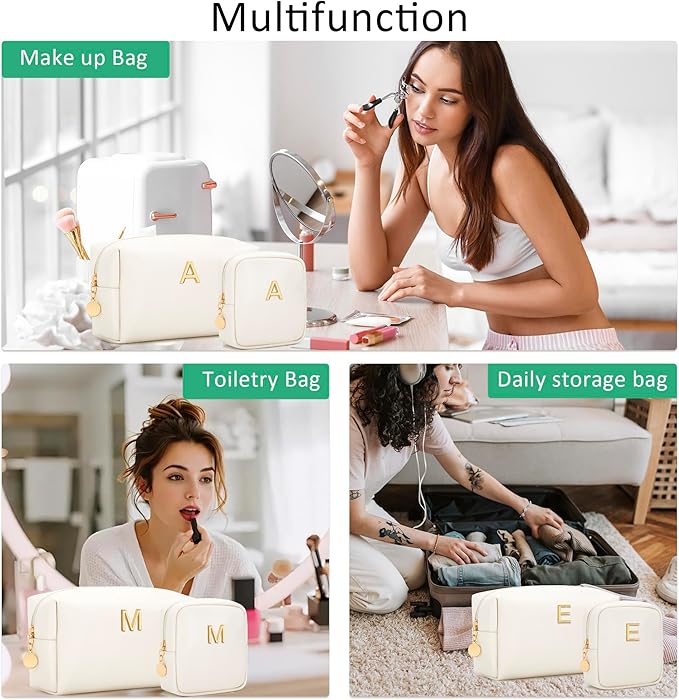 Personalized Christmas Gifts for Women - Initial Makeup Bag Birthday Gifts for Women Travel Toiletry Bag Cosmetic Bags with Soft PU Leather (Beige V)