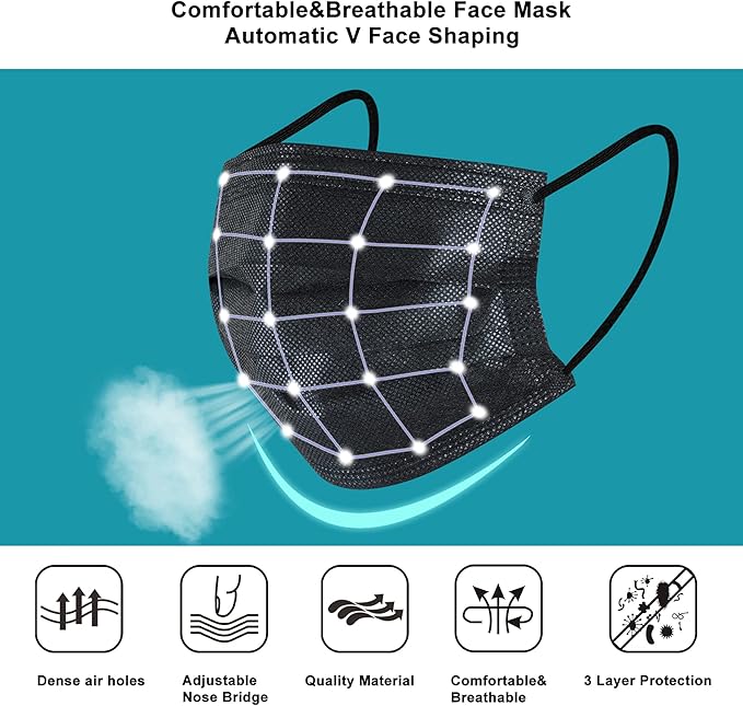 akgk 200pcs Disposable Face Masks, Black Mask, 3 Ply Disposable Masks
