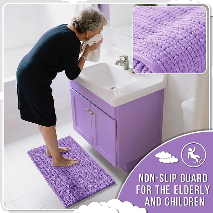 Yimobra Bathroom Rugs Non Slip Washable - Ultra Soft Absorbent Chenille Bath Mat, Quick Dry Shaggy Floor Carpet for Tub Shower, Lavender Home Decor Accessories, 24x17 Inch