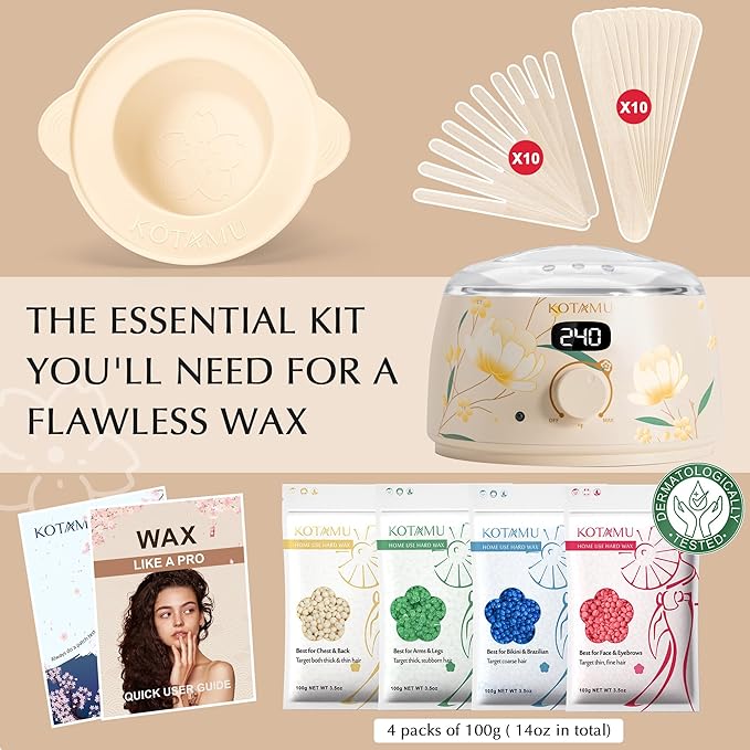 KOTAMU Waxing Kit for Women & Men, Wax Warmer for Hair Removal, Digital Wax Kit with Silicone Pot，Ideal for Face Eyebrow Arm Legs Armpit &Sensitive Skin, Bloomy Waxing Machine for Home Salon Use