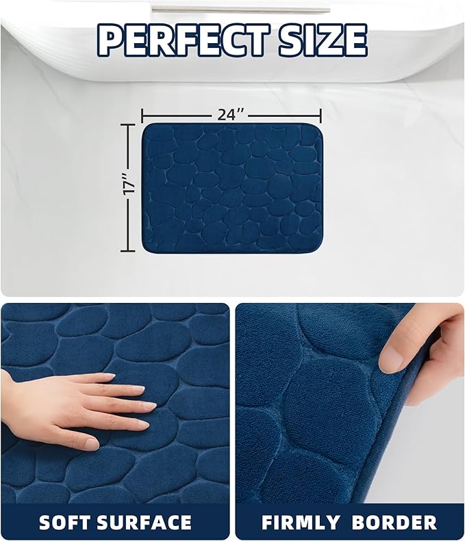 YIHOUSE Memory Foam Bath Mat Cobblestone Bathroom Rugs Super Water Absorbent Bath Mats for Bathroom Machine Washable Bath Rugs(17x24,Dark Blue)