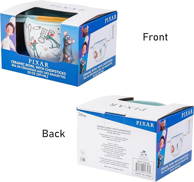 Silver Buffalo Disney Pixar Ratatouille Remy Icons Ceramic Ramen Noodle Rice Bowl with Chopsticks, Microwave Safe, 20 Ounces