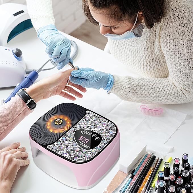 LIMEGIRL UV LED Nail Lamp Kit for Gel Polish Professional Fast Curing Pink Dryer Light Set with 4 Timer Settings Cordless Rechargeable Nail Art Cure Machine with UV Gloves for Manicure Pedicure