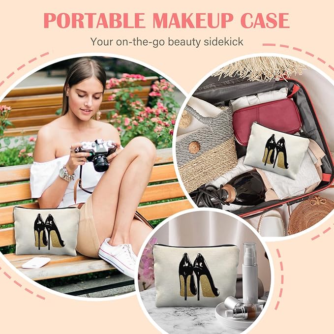 Trendy Black and Gold Makeup Bag for Women, Fashion Glitter High Heels Modern Aesthetic Cosmetic Bag for Purse, Trendy Girly Makeup Zipper Pouch