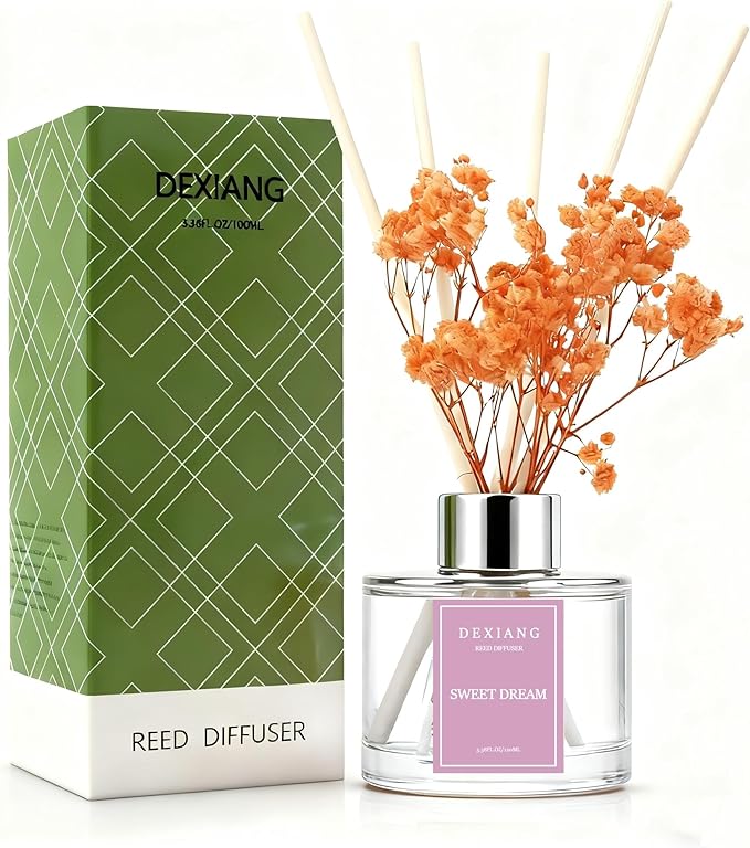 Reed Diffuser Set - 3.38 fl oz Sweet Dream Premium Scented Oil with Preserved Baby's Breath & Cotton 6 Sticks | Long-Lasting Aromatherapy for Home, Bedroom, Bathroom, Office Home Decor