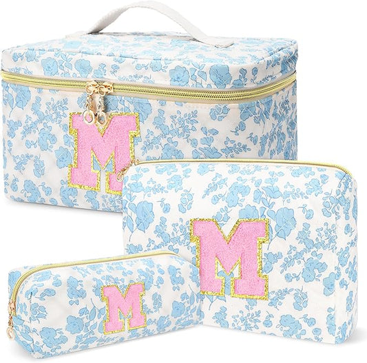 3 PCS Travel Makeup Bag Set,A-Z Initials Cotton Make up Bag Floral Quilted Cosmetic Bag for Girls and Women,Personalized Christmas Gifts,Cute Toiletry Travel Accessories Brushes Bags-M