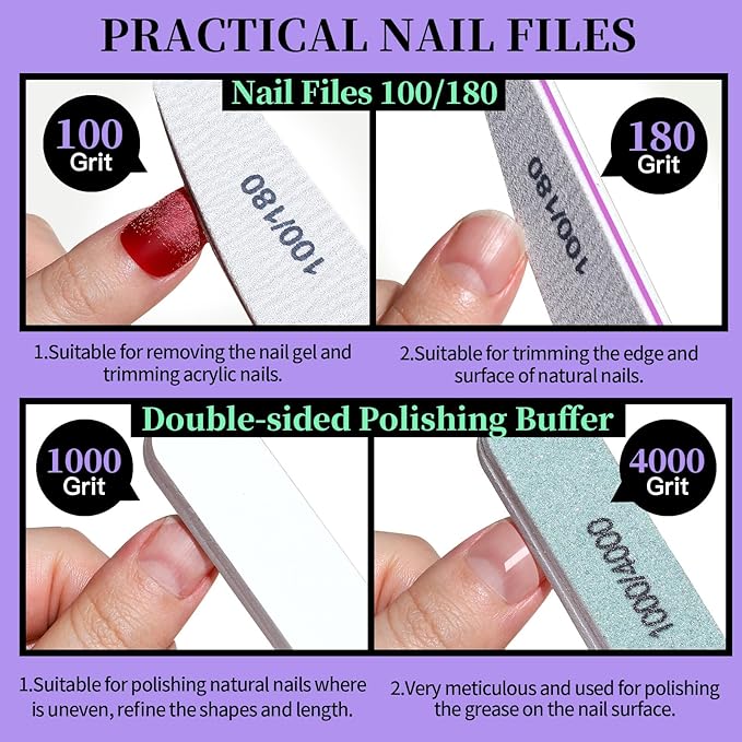 FANDAMEI Manicure and Pedicure Tools Kit, Manicure Kit, Nail Files 100/180, Nail Buffer Block, Nail Cuticle Nippers, Cuticle Pusher, Cuticle Peeler, Ingrown Toenail Tool, Toenail File, Purple