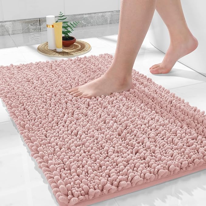 Yimobra Bathroom Rugs Non Slip Washable 32x20 Inch - Ultra Soft Absorbent Chenille Bath Mat, Quick Dry Shaggy Floor Carpet for Tub Shower, Light Pink Home Decor Accessories