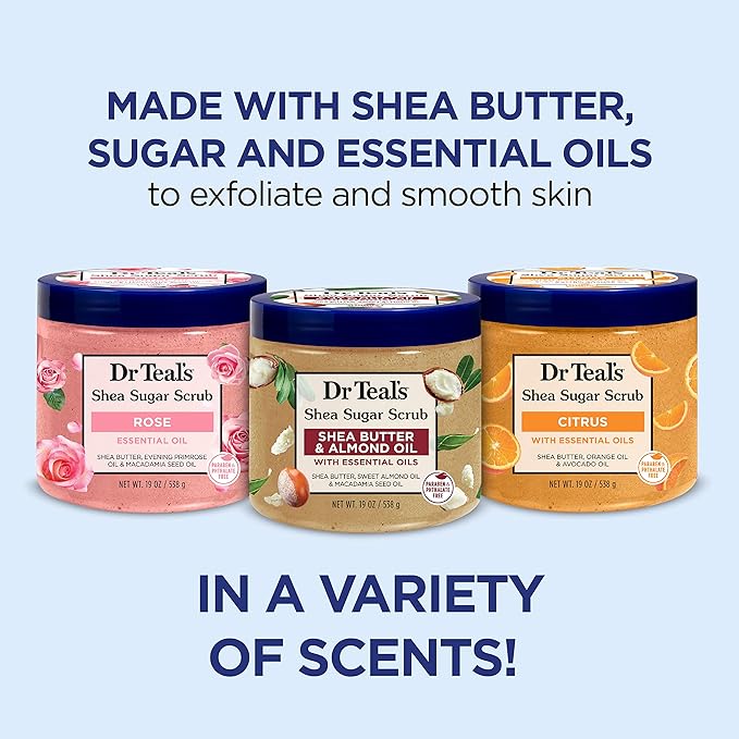 Dr Teal's Shea Sugar Scrub Trial Pack, Rose, Shea Butter, Citrus 19 oz (Pack of 3)