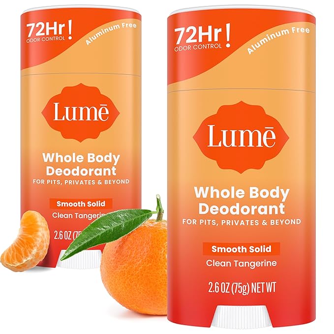 Lume Whole Body Deodorant - Smooth Solid Stick - 72 Hour Odor Control - Aluminum Free, Baking Soda Free and Skin Safe - 2.6 Ounce (Pack of 2) (Clean Tangerine)