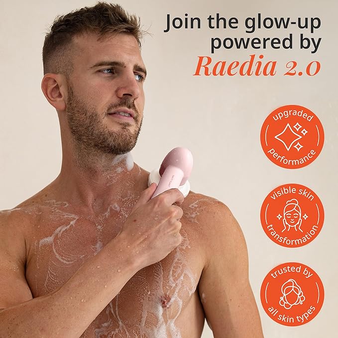 Vanity Planet Raedia 2.0 Facial Cleansing Brush, 4 Interchangeable Brush Heads, Pink - Daily Cleansing Face Exfoliator for Glowing & Acne Prone Skin - Lightweight Silicone Water-Resistant Body Brush