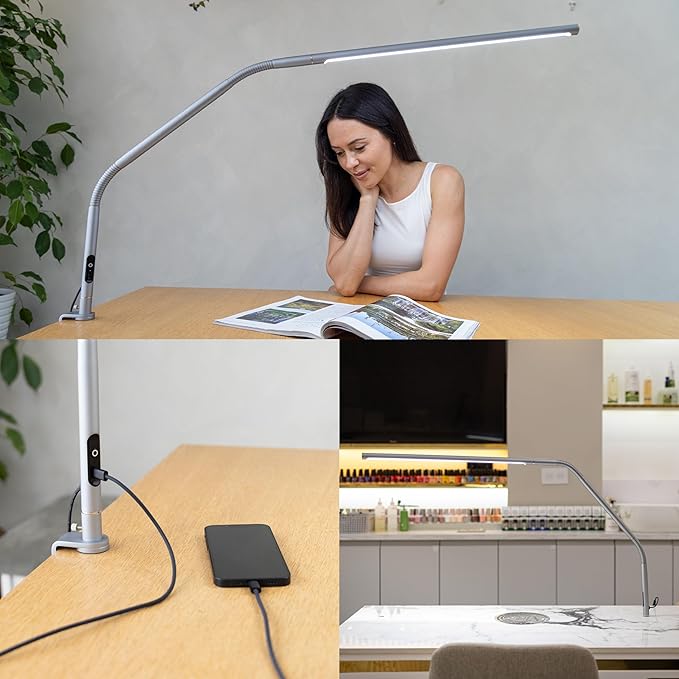 daylight Slimline 4™ LED Table Lamp in Ice Grey - 6,000K, 3,200 Lux, 4 Brightness Levels, USB-C Charging Port, Anti-Glare Diffuser, Flexible Design, Art & Craft, Sewing, Nail Salon