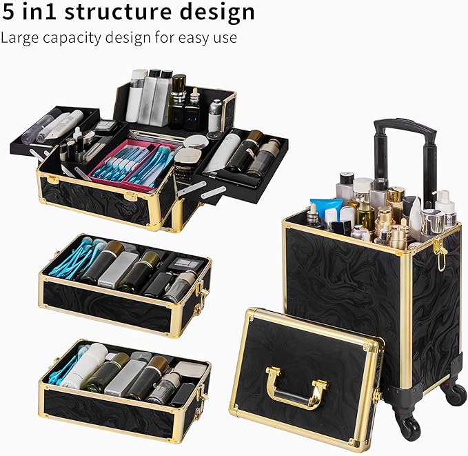 Rolling Makeup Case, Makeup Train Case with Lid, 5 in 1 Cosmetology Case on Wheels, Christmas Gift, Large Makeup Organizers, Profesional Cosmetic Case for Salon Barber, Pattern Black Gold