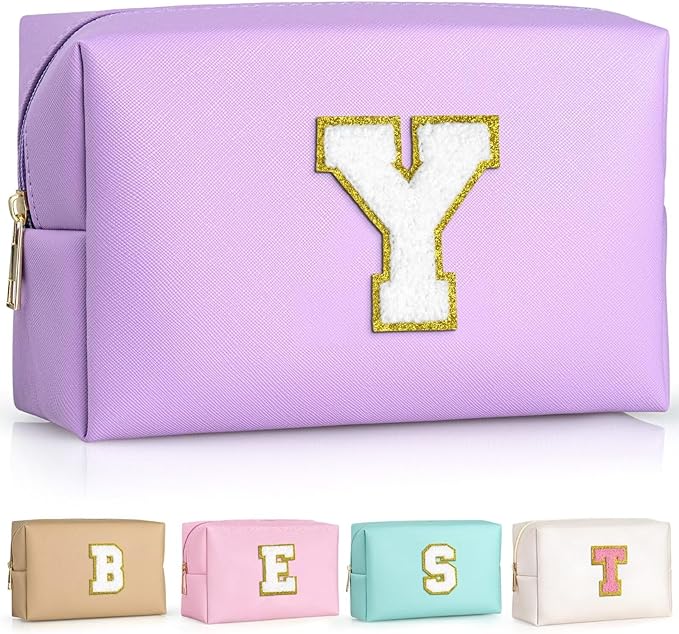 TOPEAST Preppy Makeup Bag, Small Cosmetic Travel Bags for Women, PU Leather Waterproof Toiletry Bag with Zipper, Personalized Birthday Gift for Women Girl, Preppy Gifts for Girl (Purple Y)