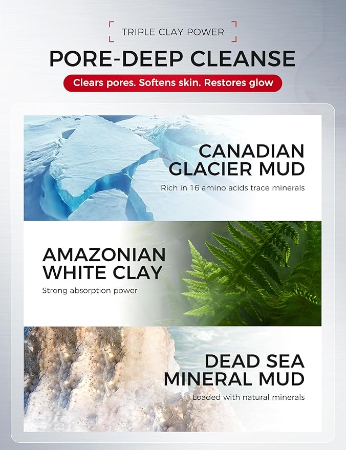 Clay Mask for Face & Sensitive Skin: Triple Mud Formula Deep Cleans Pores Reduces Acne Balances Oil & Improves Texture - 3.88 Oz