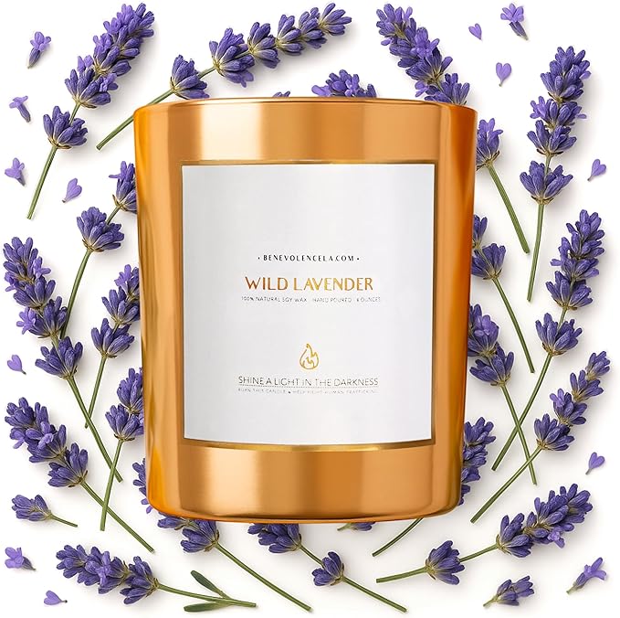 Benevolence LA Wild Lavender Wood Wick Candle | Soy Christmas Scented Candles for Home | Holiday Candle Gifts for Women and Men | Home Fragrance | Aromatherapy | Bathroom Freshener | 8oz, 45 Hour Burn
