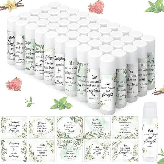 50 Pcs Christmas Christian Lip Balm Bulk Bible Verses Lip Balm Scripture Christian Gifts for Women Faith Religious Church Party Favor Inspirational Gift for Coworker Staff Employee(Eucalyptus Leaf)