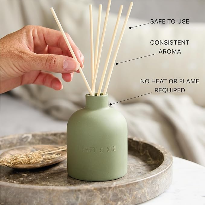 Craft & Kin Christmas Reed Diffuser for Home & Bathroom – White Birch & Cedar Holiday Reed Diffuser Set with Fragrance Sticks, Long-Lasting Alcohol-Free Winter Scent, Earthenware Collection, 6.7oz