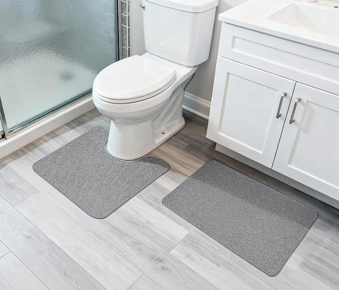 Bathroom Rugs Set 2 Pieces,Thin Bathroom Mats,Toilet Rugs,Quick Dry,Non-Slip,Machine Washable,Low Pile,Absorbent Bath Mats,Shower,Sink,Home Decor Accessories.Grey,1'5"x2'3"+1'8"x2" U Shape