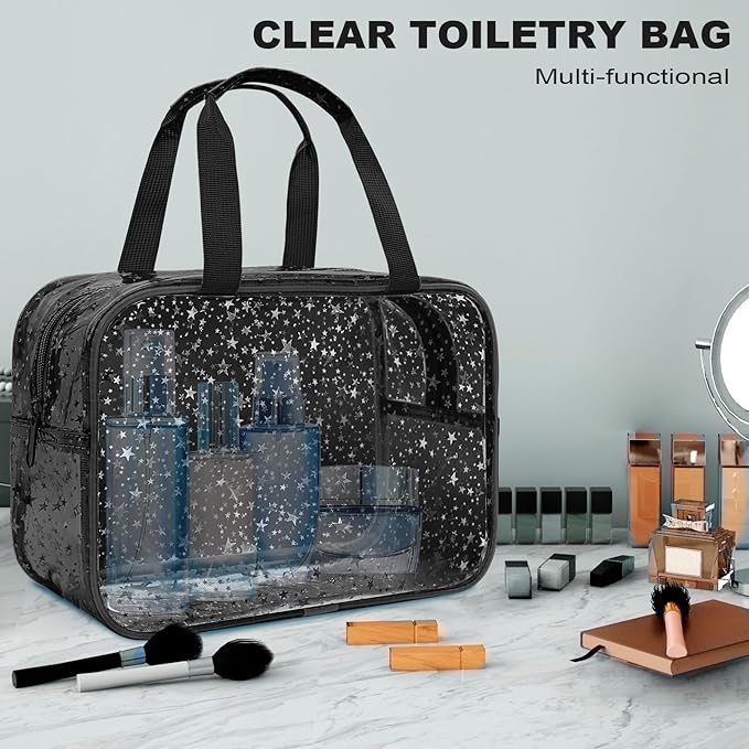 Clear Black Star Large Makeup Bag with Star Pattern 12x5x8 inch, Travel Cosmetic Bag with Handle, Durable PVC Material Washbag Zipper Opening Design for Makeup Travel Organizer or Gym Use