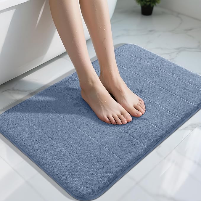 Yimobra Memory Foam Bath Mat, Super Soft Absorbent Bathroom Rug Non Slip 31.5x20 Inch, Quick Dry, Machine Washable Floor Carpet for Tub Shower, Home Decor Accessories, Denim Blue