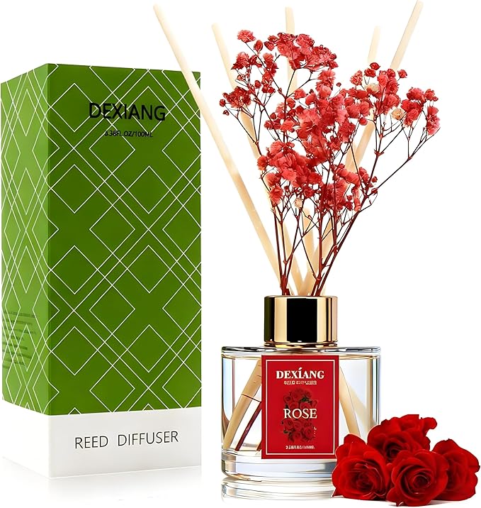 Reed Diffuser Set - 3.38 fl oz Rose Premium Scented Oil with Preserved Baby's Breath & Cotton 6 Sticks | Long-Lasting Aromatherapy for Home, Bedroom, Bathroom, Office Home Decor