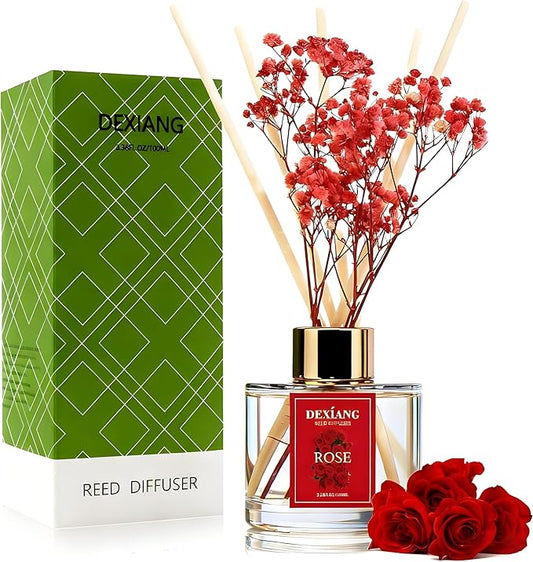 Reed Diffuser Set - 3.38 fl oz Rose Premium Scented Oil with Preserved Baby's Breath & Cotton 6 Sticks | Long-Lasting Aromatherapy for Home, Bedroom, Bathroom, Office Home Decor