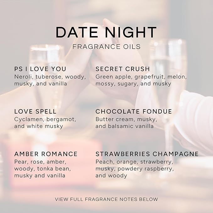 Eternal Essence Oils Date Night Set of 6 Premium Fragrance Oils - Includes PS I Love You, Amber Romance, Secret Crush, Chocolate Fondue, Strawberry Champagne, and Love Spell Scented Oils - 10ML