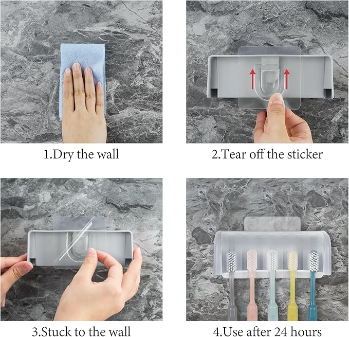 5 Slots Wall Mount Toothbrush Holder with Cover, Self Adhesive Toothbrush Storage Organizer for Shower, Toothbrush Hanger with Automatic Toothpaste Squeezer Dispenser (Grey)