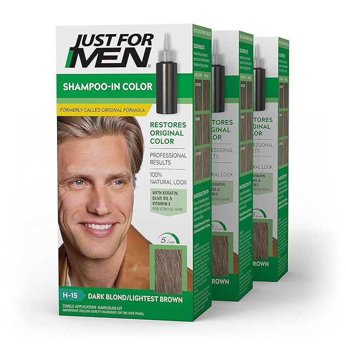 Just For Men Shampoo-In Color (Formerly Original Formula), Mens Hair Color with Keratin and Vitamin E for Stronger Hair - Dark Blond/Lightest Brown, H-15, Pack of 3