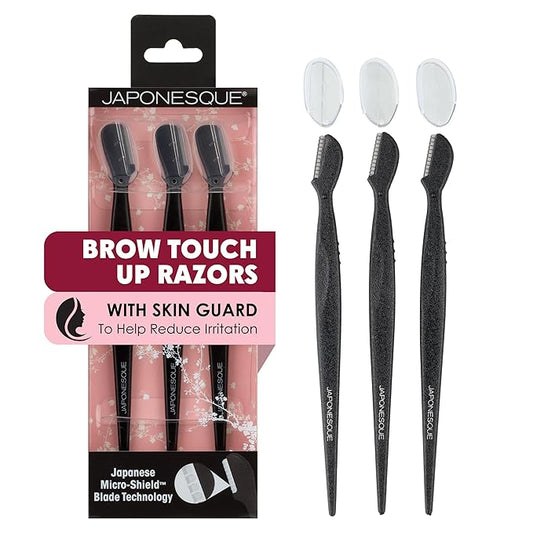 Japonesque Brow Touch Up Razors with Ultra-Sharp Stainless Steel Blades, for Removal of Unwanted Facial Hair and Peach Fuzz, Protective Blade Cover for Safe Storage Included