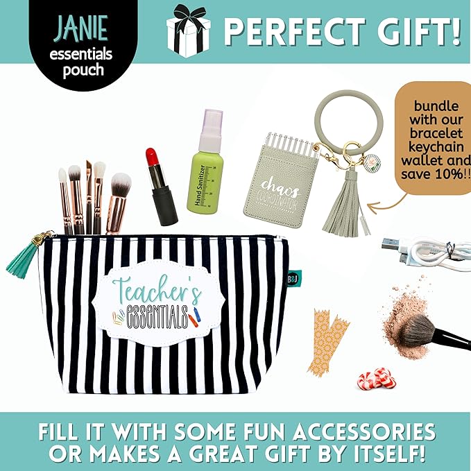 Brooke & Jess Designs Teacher Essentials Pouch Gifts for Women Striped Makeup Bags Cosmetic Bag Travel Toiletry Makeup Pouch Pencil Bag with Zipper Best Just Because Gifts