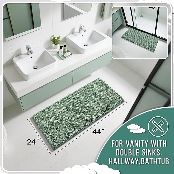 Yimobra Long Bathroom Rugs Non Slip Washable 44x24 Inch - Ultra Soft Absorbent Chenille Bath Mat, Quick Dry Shaggy Floor Carpet for Tub Shower, Green Home Decor Accessories